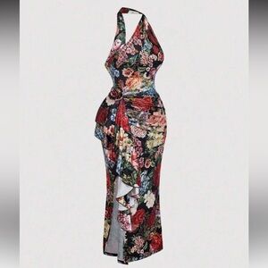 Floral Ruffle Wrap Midi Dress - Black Multi